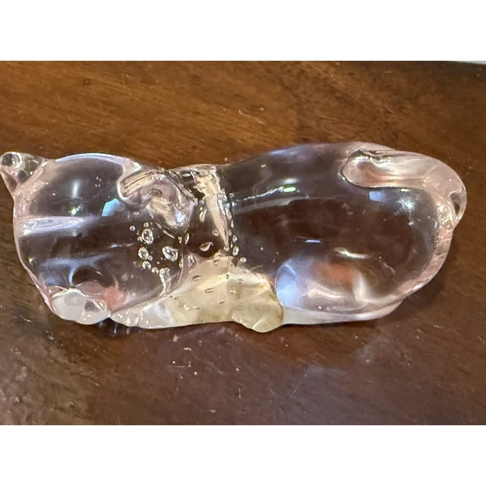 Vintage Pink Art Glass Sleeping Cat Figurine Controlled Bubbles West Dist Co 4